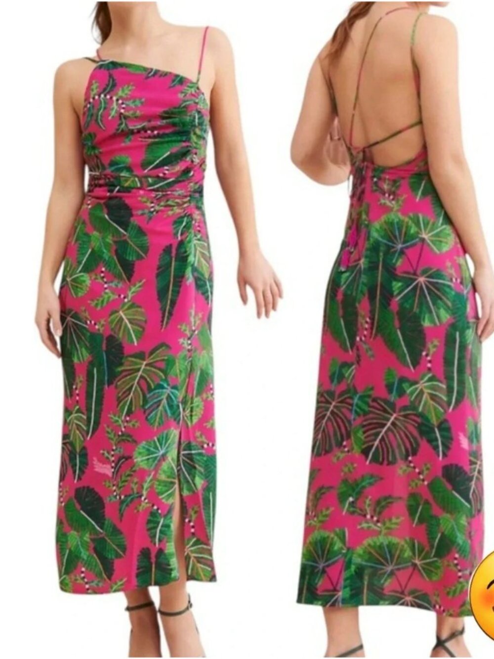 Farm Rio Midi Floral Leaves Print strappy back Side slit Back zip Dress size L